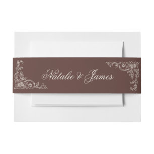 Vintage Chocolate Brown Old Money Trendy Wedding Invitation Belly Band