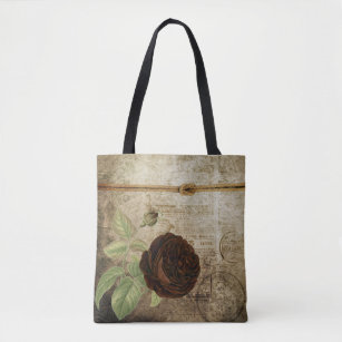 Vintage Chocolate Brown Rose Design Tote Bag