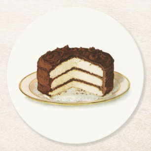 Vintage Chocolate Iced Layer Cake Round Paper Coaster