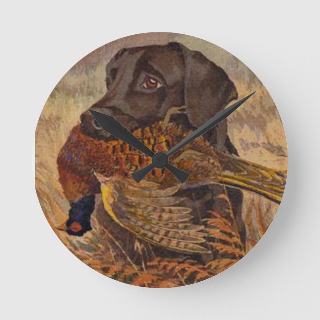 Vintage Chocolate Lab Hunting Round Clock (Front)