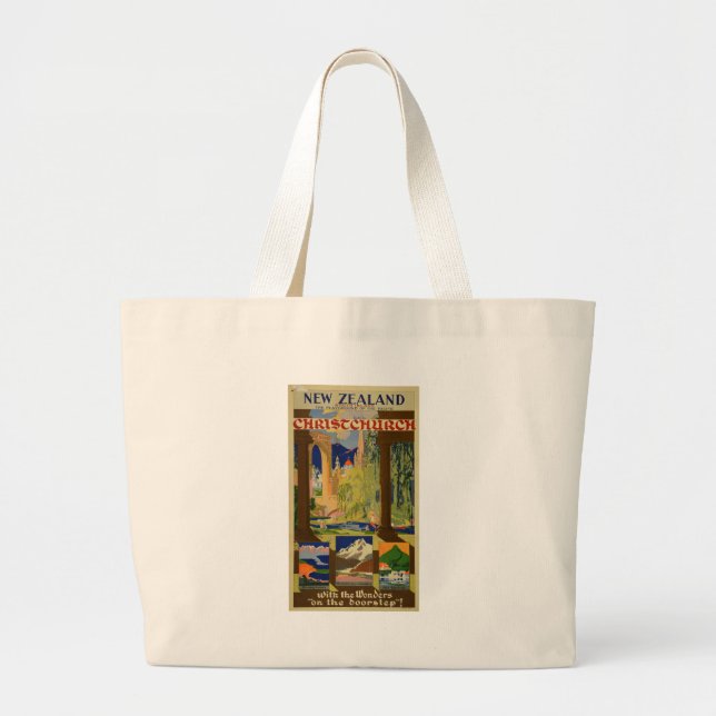 Vintage Christchurch New Zealand Travel Large Tote Bag (Front)