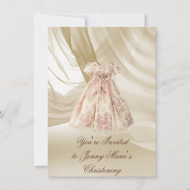 Vintage Christening Invitation PINK DAMASK (Front)