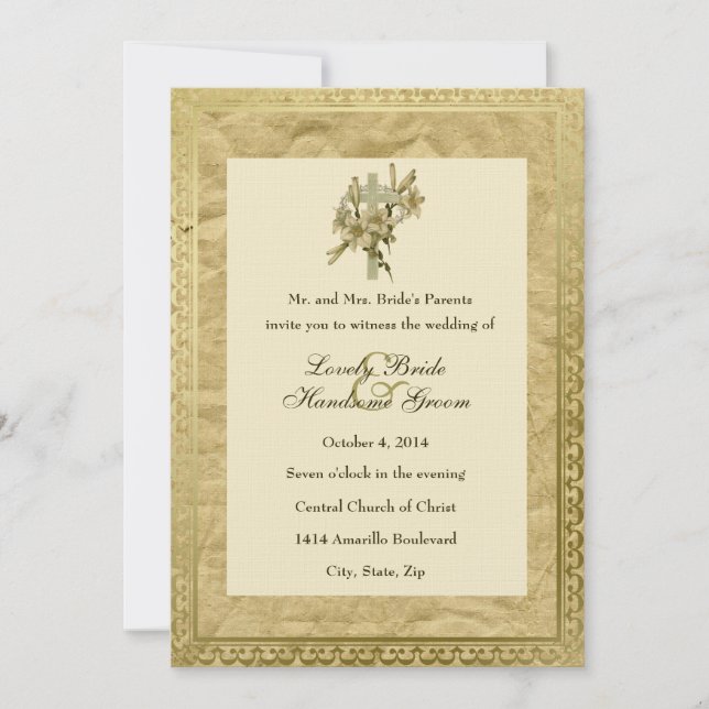Vintage Christian Cross Lilies Wedding Invitation (Front)