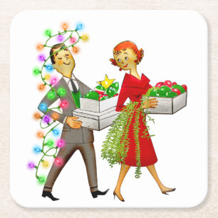 Vintage Christmas 1950's Couple Square Paper Coaster