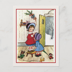 Vintage Christmas 2 little girls, toys Holiday Postcard