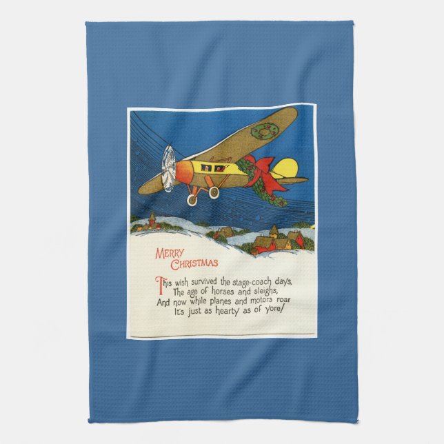 Vintage Christmas Aeroplane Tea Towel (Vertical)