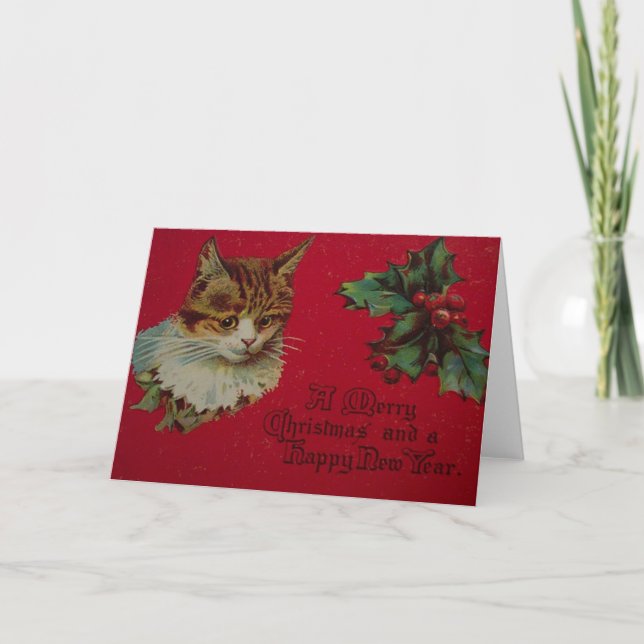 Vintage Christmas and New Year Cats Greeting Card (Front)