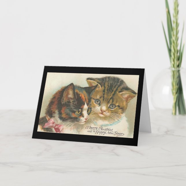 Vintage Christmas and New Year Cats Holiday Card (Front)