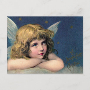 Vintage Christmas Angel and Gold Stars Holiday Postcard