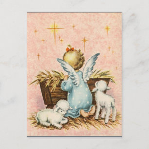 Vintage Christmas Angel and Lambs Holiday Postcard