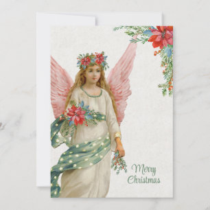 Vintage Christmas Angel and Poinsettias Holiday Card