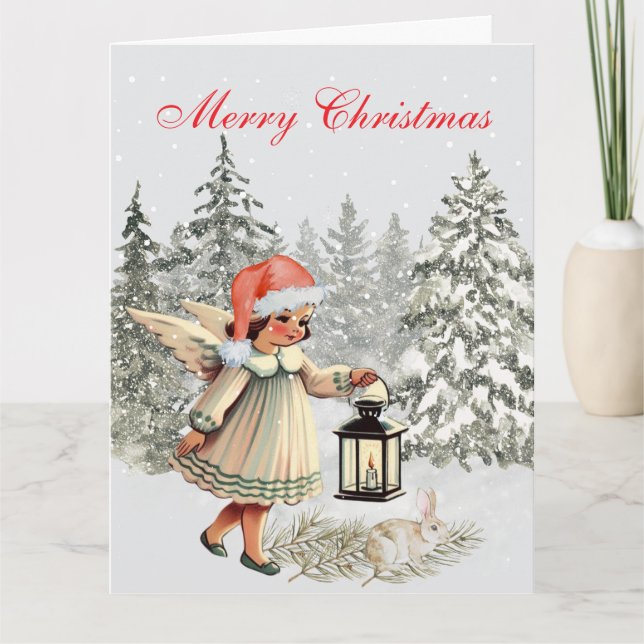 Vintage Christmas Angel and Rabbit Card (Front)