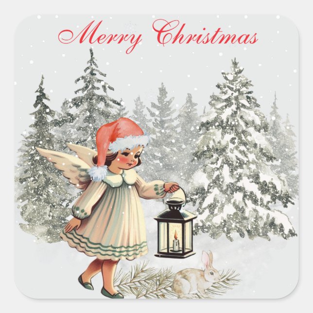  Vintage Christmas Angel and Rabbit Square Sticker (Front)