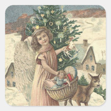 Vintage Christmas angel and reindeer snow
