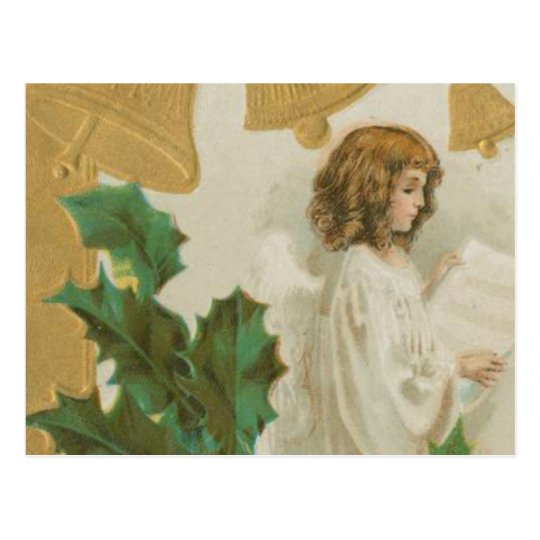 Vintage Christmas Angel, Bells and Holly Postcard