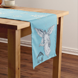 Vintage Christmas Angel & Bethlehem on Light Blue Short Table Runner