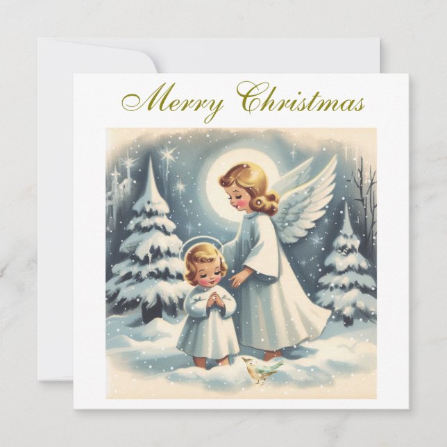 Vintage Christmas Angel, Child and Bird Holiday Card (Front)