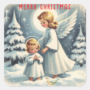 Vintage Christmas Angel, Child and Bird Square Sticker