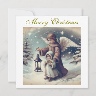 Vintage Christmas Angel ,Child and Birds Holiday Card
