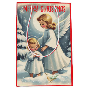 Vintage Christmas Angel,Child, Bird Wrapping Paper Medium Gift Bag