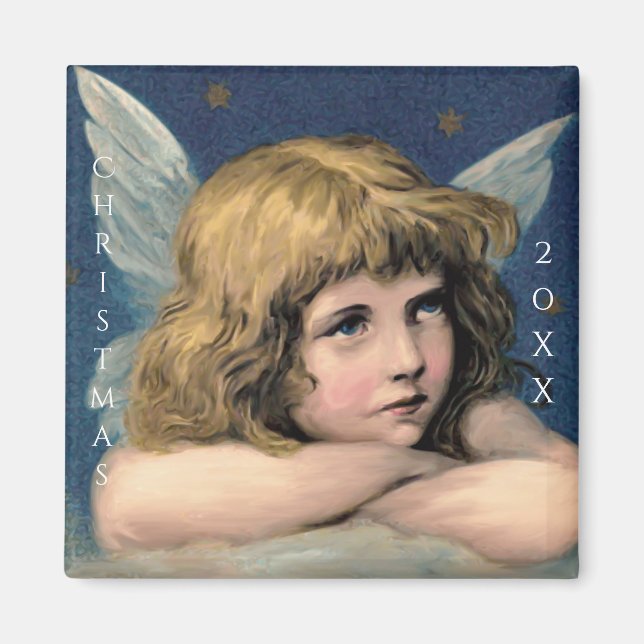 Vintage Christmas Angel Child White Wings Indigo Magnet (Front)