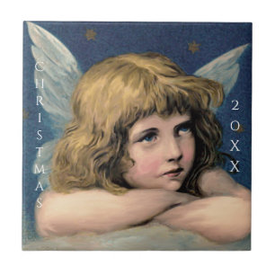 Vintage Christmas Angel Child White Wings Indigo Tile