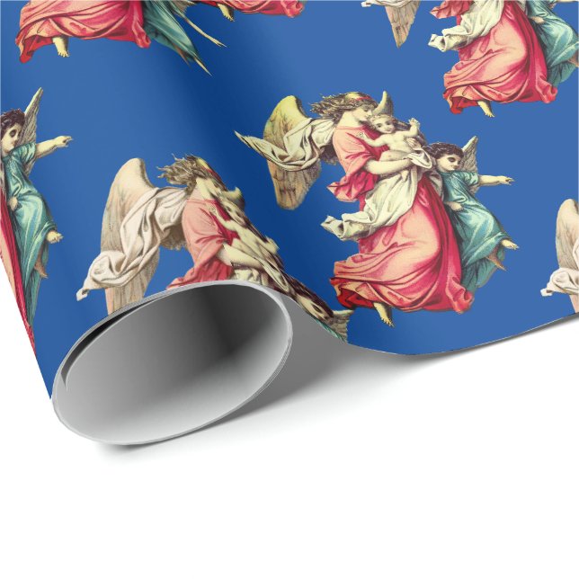 Vintage Christmas Angel Children Holiday Blue Wrapping Paper (Roll Corner)