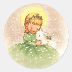 Vintage Christmas Angel Girl With Baby Lamb Classic Round Sticker