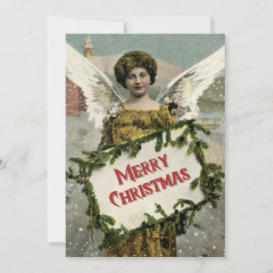 Vintage Christmas Angel Gold Gown and Greenery Holiday Card