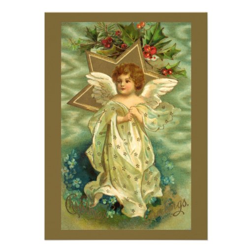 Vintage Christmas Angel Gold Star Holly Berries 5x7 Paper Invitation ...