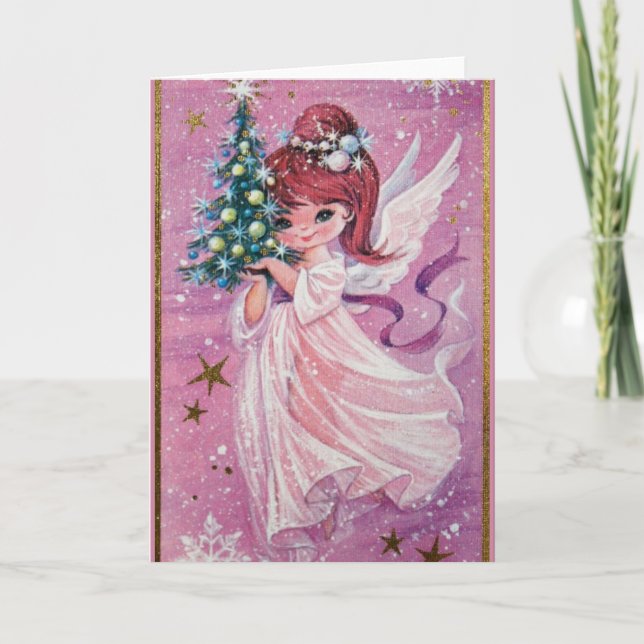 Vintage Christmas Angel Holding Tree Holiday Card (Front)