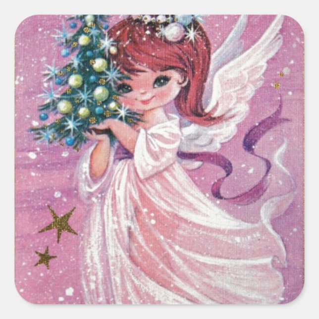 Vintage Christmas Angel Holding Tree Square Sticker (Front)