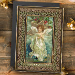 Vintage Christmas Angel in Ornate Frame<br><div class="desc">Beautiful Christmas angel in flowing white robe and wings,  surrounded by gold star and holly on cloud background bordered by ornate gold frame.</div>