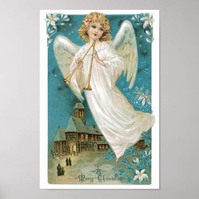 Vintage Christmas Angel playing Trumpet Poster (Front)