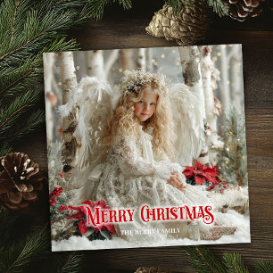 Vintage Christmas angel red poinsettias holiday Card