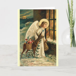 Vintage Christmas angel reindeer Holiday Card