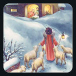 Vintage Christmas Angel Shepherd Nativity Square Sticker<br><div class="desc">An angel shepherd leads sheep to the stable where Jesus was born in this vintage Christmas watercolor.</div>