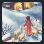 Vintage Christmas Angel Shepherd Nativity Square Sticker<br><div class="desc">An angel shepherd leads sheep to the stable where Jesus was born in this vintage Christmas watercolor.</div>