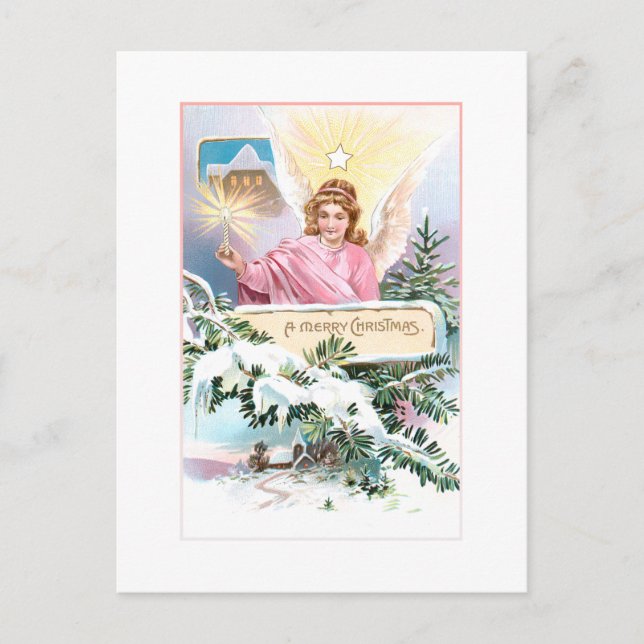 Vintage Christmas Angel, Star & Snow Covered Pine Postcard (Front)