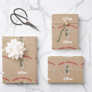 Vintage Christmas Angel & Tree Custom Name Kraft Wrapping Paper Sheet
