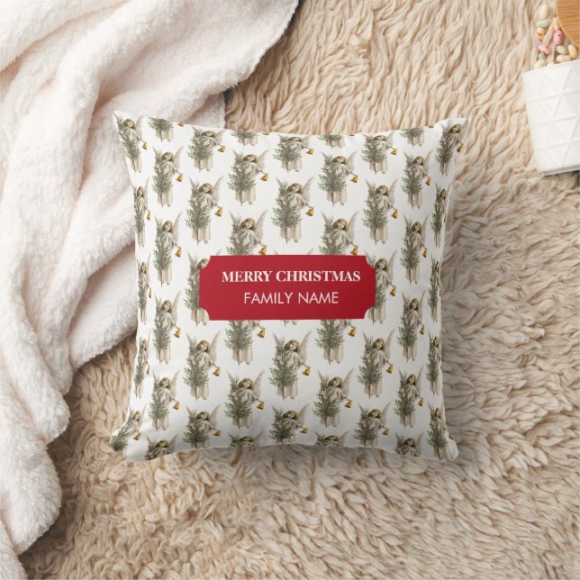 Vintage Christmas Angel & Tree Holiday Custom Name Cushion (Blanket)