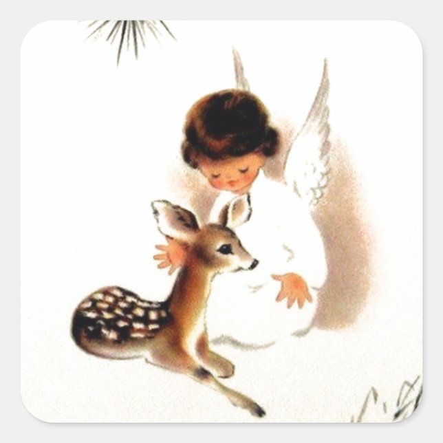 Vintage Christmas Angel With Baby Deer Square Sticker (Front)