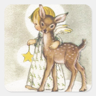 Vintage Christmas Angel With Baby Deer Square Sticker