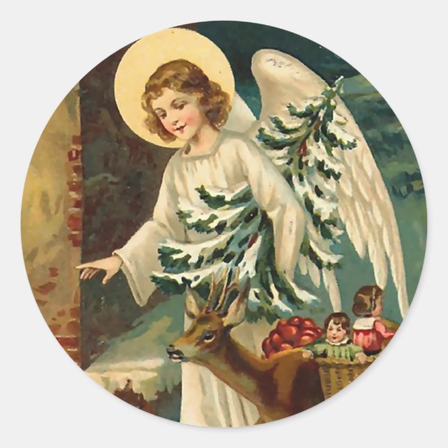 Vintage Christmas Angel with deer Classic Round Sticker (Front)
