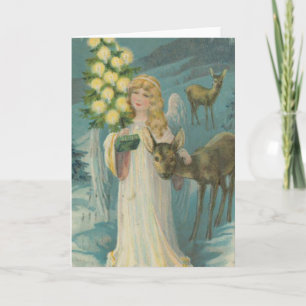 Vintage Christmas Angel with Deer Holiday Card