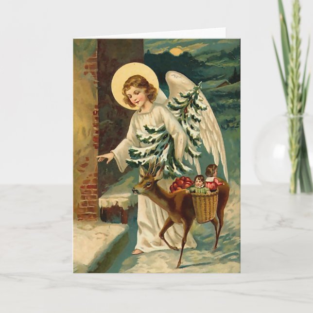 Vintage Christmas Angel with deer Holiday Card (Front)