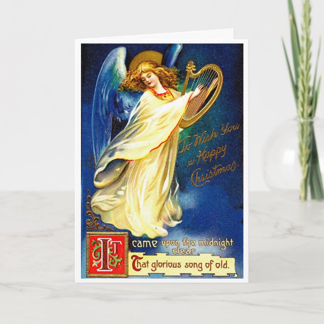 Vintage Christmas Angel With Harp Holiday Card (Front)