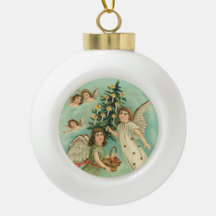 Vintage Christmas Angels Faux Gold Ceramic Ball Christmas Ornament