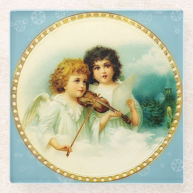 Vintage Christmas Angels Glass Coaster (Front)