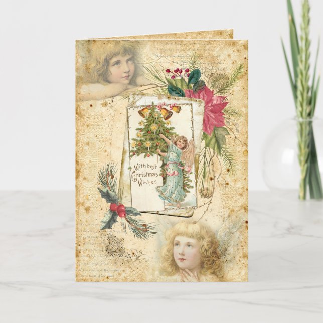 Vintage Christmas Angels, Holly & Poinsettias Holiday Card (Front)